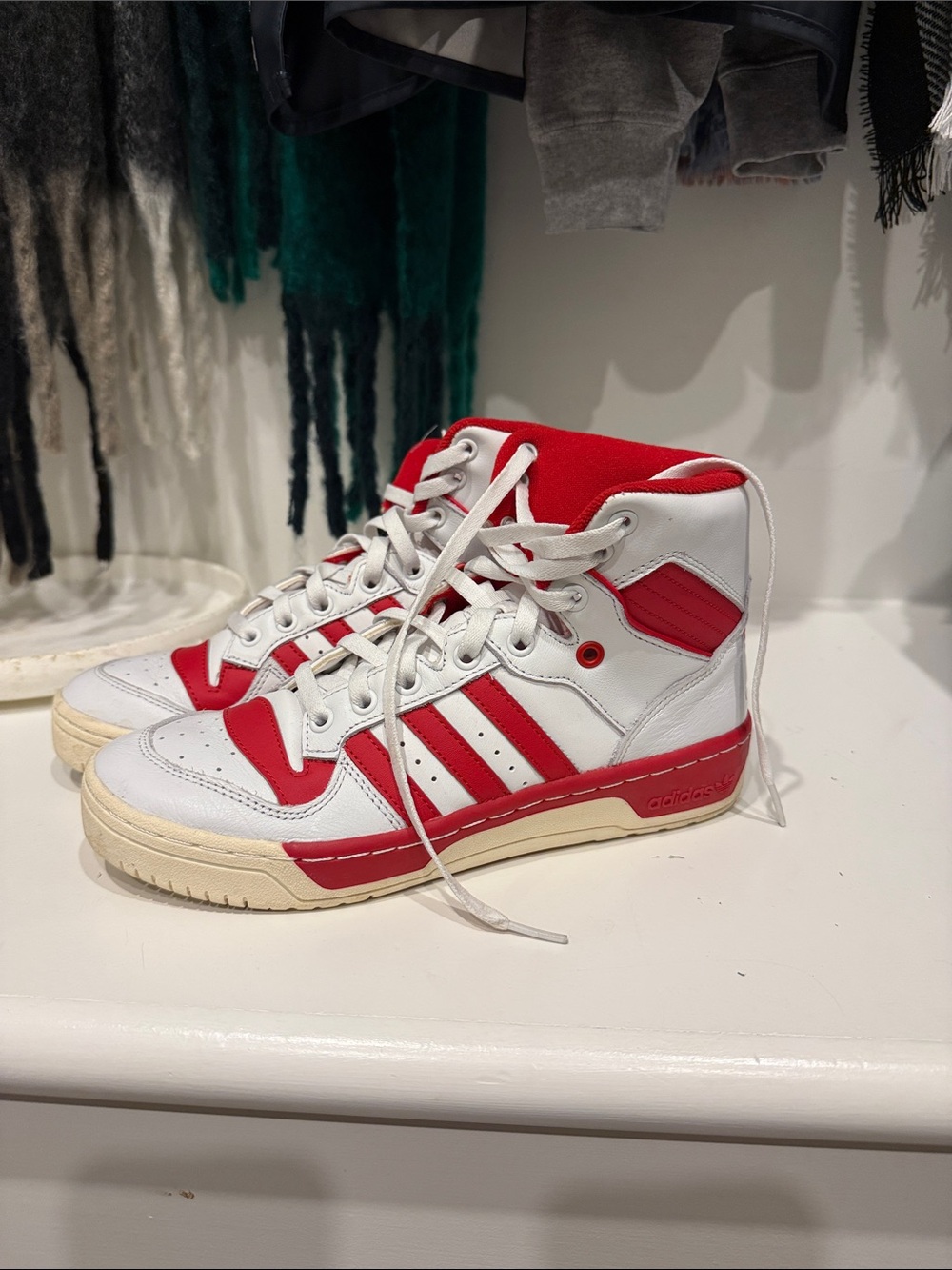 adidas White and Red High-Top Sneakers with Classic Three Stripes - Picture 2 of 4
